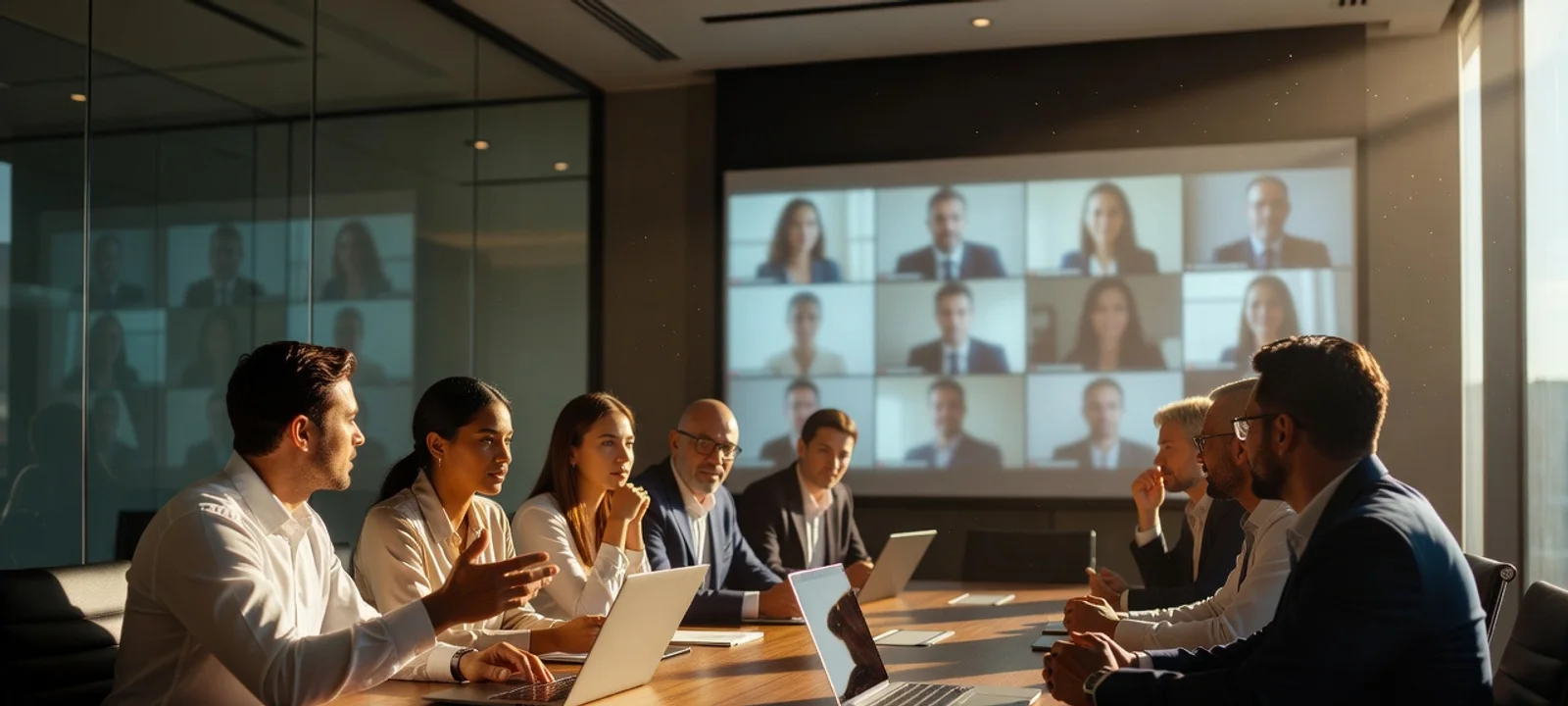 A team in a golden-lit conference room on a video call, with the AI notetaker capturing the meeting